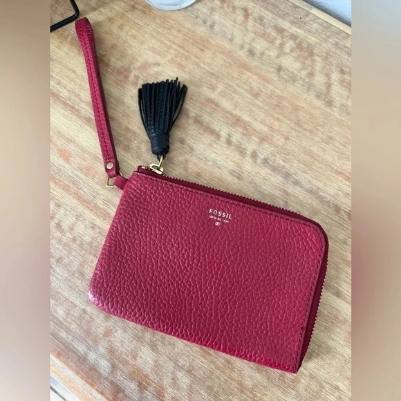 EUC Fossil Red Leather with Black Tassel Wristlet - Picture 1 of 4